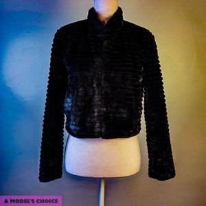 BETSEY JOHNSON BLACK RIBBED CROPPED FAUX FUR JACKET COAT - WOMENS SMALL